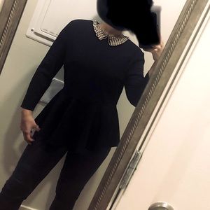 SHEIN BEADING COLLAR PEPLUM BLOUSE - BLACK